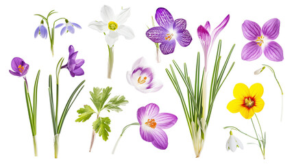 Set of early spring flowers including crocus, snowdrop, and primrose, isolated on transparent background