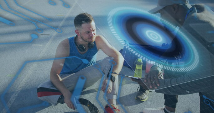 Image of data processing over disabled caucasian sportsman with coach