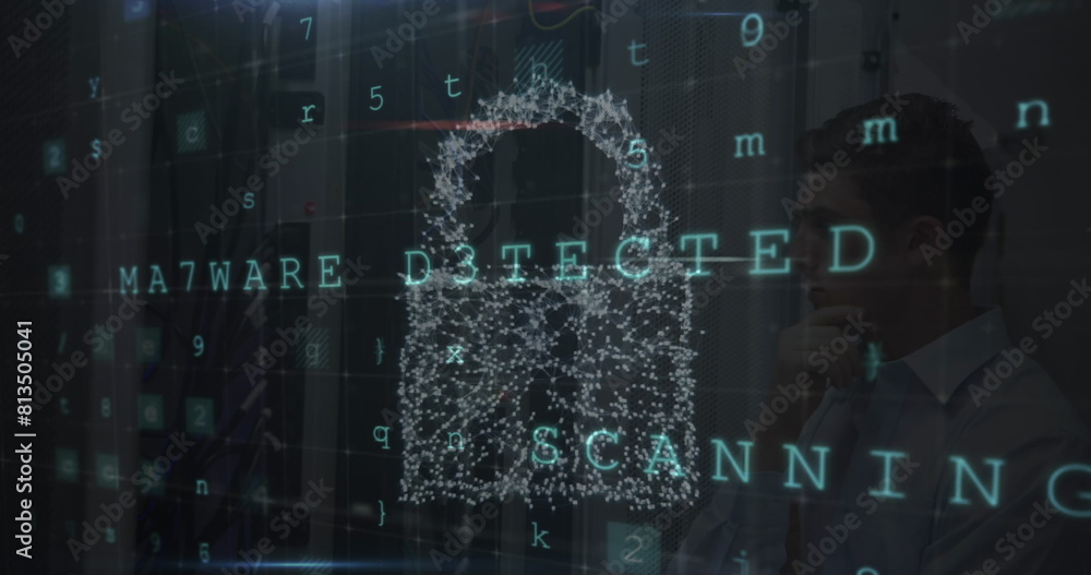 Poster image of data processing over digital online security padlock and dark background