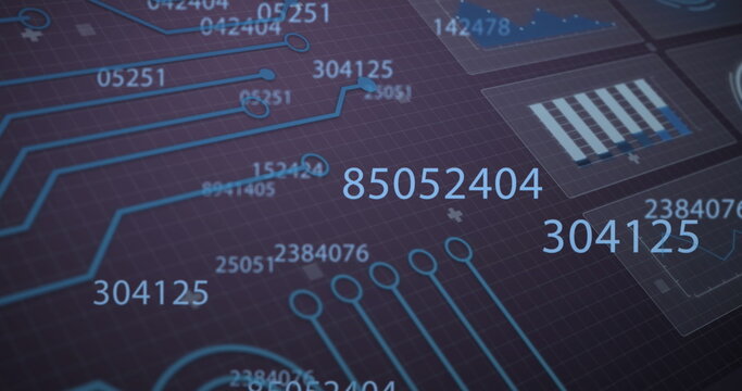 Image of numbers changing over integrated circuit on black background - Powered by Adobe
