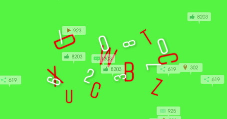 Image of social media reactions, letters and numbers on green background
