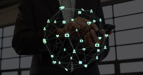 Image of network of connections over businessmen using smartphone