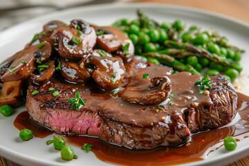 A mouthwatering plate of steak with gravy, mushrooms and green vegetables