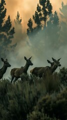 A group of deer standing in a forest with a smoky orange sky in the background. AI.