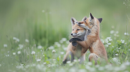 Playful Fox Cubs Nuzzling in a Lush Meadow