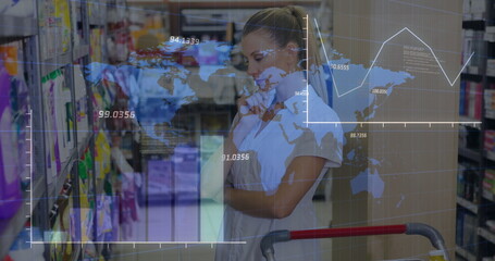 Image of data processing over world map against thoughtful caucasian woman at grocery store