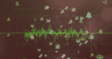 Image of networks of connections with icons over data processing