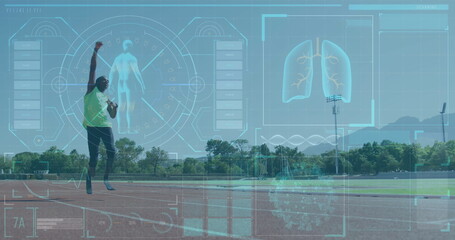 Image of digital interface over african american man with a physical disability running