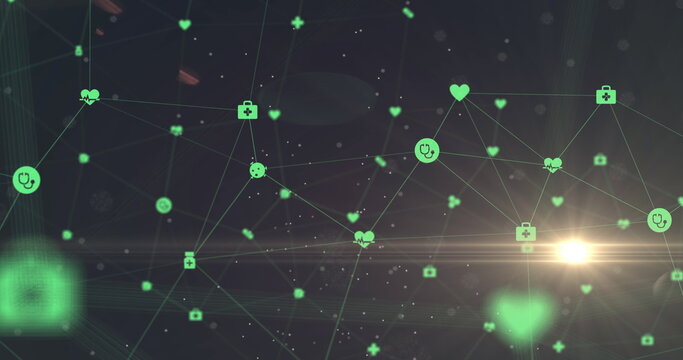 Spot of light moving over network of digital icons against blue background