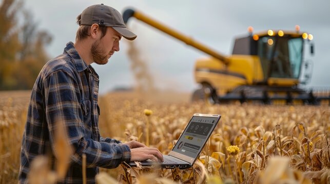 A young farmer in a field with his laptop in the foreground, looking at an app on it. behind him is a modern yellow harvester is working in the background. Generative AI.