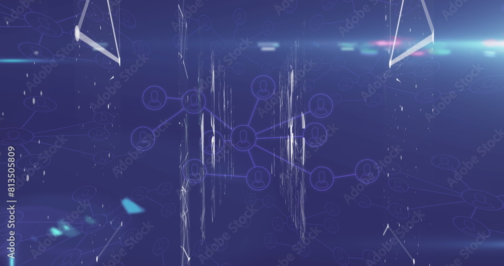 Poster network of digital icons and screens with network of connections against blue background