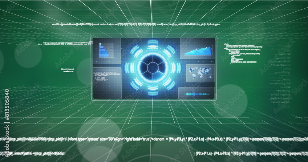 Poster digital interface with data processing over spot of light against green background