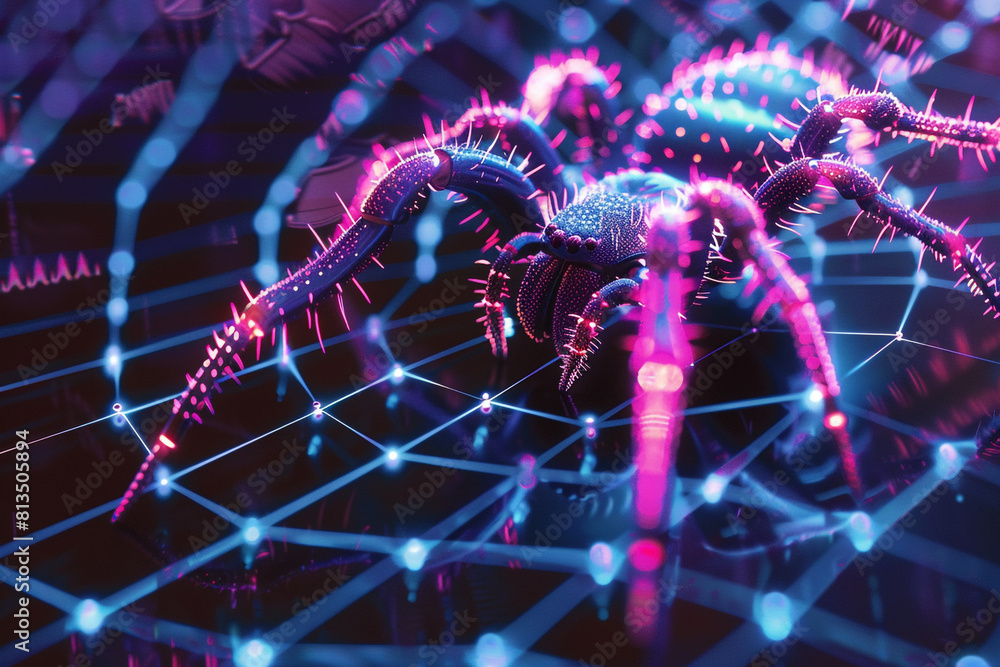 Aufkleber a neon-lit cybernetic spider weaving a web of secure digital networks, protecting data from virtual 