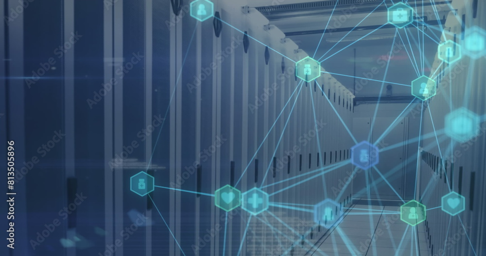 Poster network of digital icons floating against computer server room