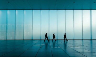 Three business people walking in a modern glass building. AI.