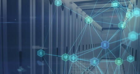 Network of digital icons floating against computer server room