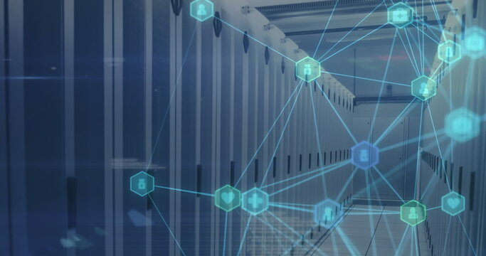 Network of digital icons floating against computer server room