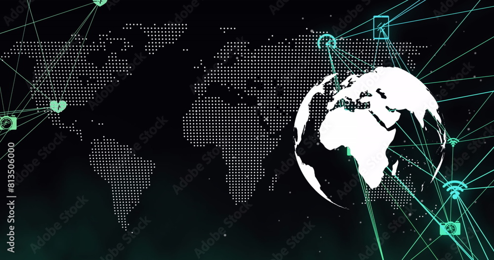 Poster image of globe over network of connections and data processing on black background