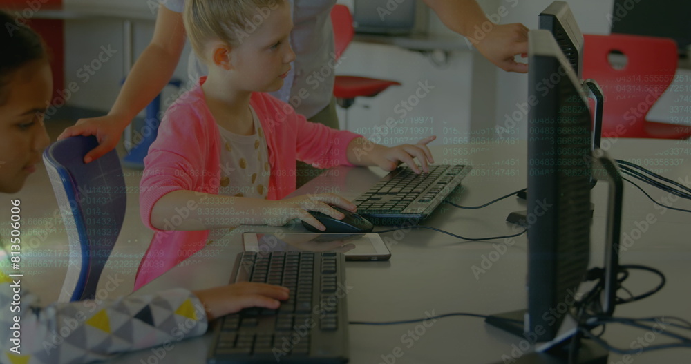 Poster image of data processing over diverse schoolchildren and teacher using computers