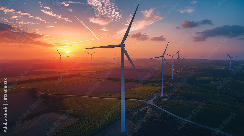 Poster an aerial view of wind turbines generating green energy during sunset. generative ai.