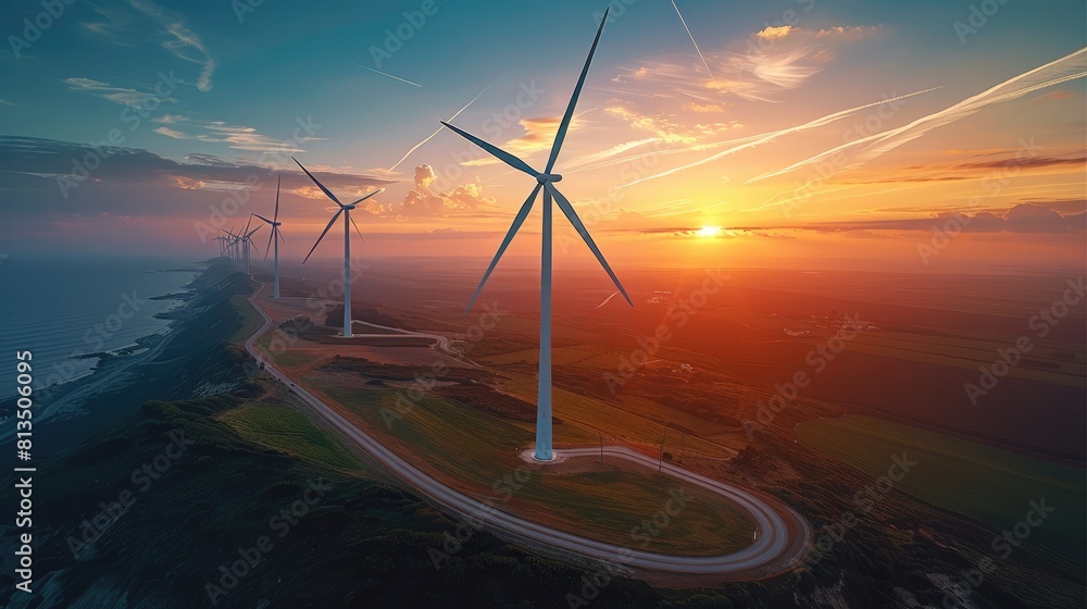 Poster an aerial view of wind turbines generating green energy during sunset. generative ai.