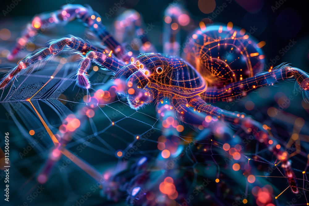 Aufkleber a neon-lit cybernetic spider weaving a web of secure digital networks, protecting data from virtual 