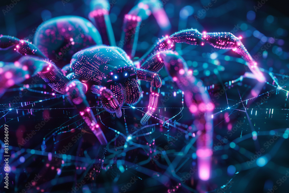 Aufkleber a neon-lit cybernetic spider weaving a web of secure digital networks, protecting data from virtual 