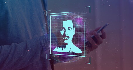 Image of user photo over hands of caucasian man using smartphone