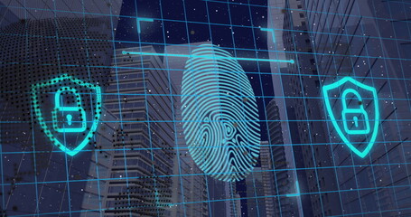 Image of fingerprint scanning over office buildings