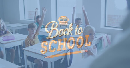 Image of back to school text and school bus icon over diverse teacher and schoolchildren