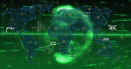 Image of icons, data, globe and world map on green background