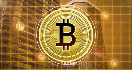 Image of data processing and bitcoins over cityscape