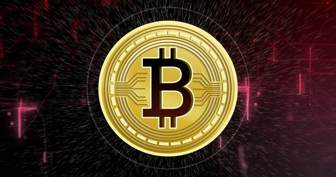 Image of data processing and bitcoin over black background - Powered by Adobe