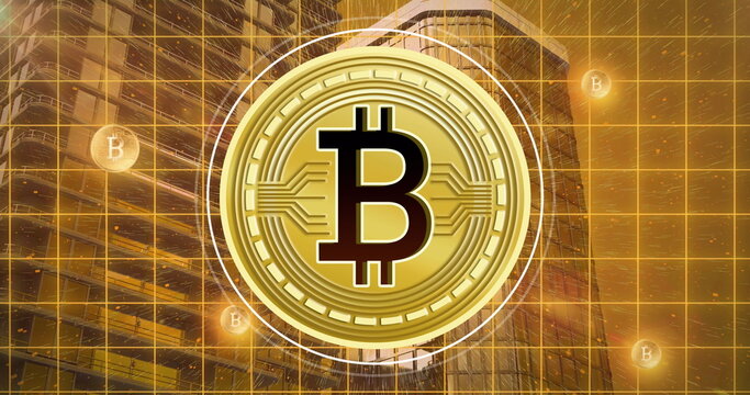 Image of data processing and bitcoins over cityscape