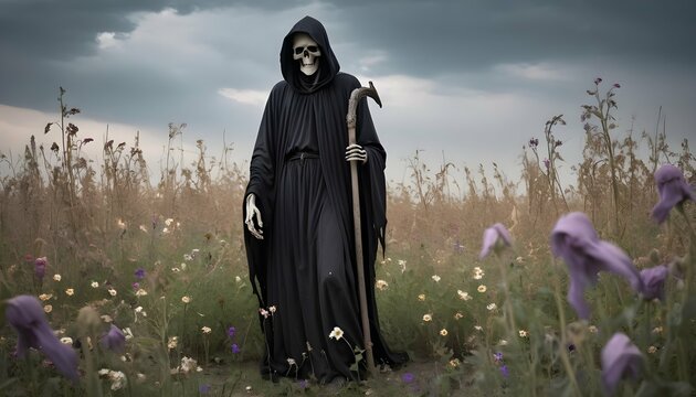 The grim reaper standing amidst a field of wilted