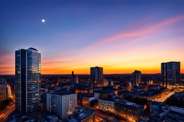 Obraz premium At sunset in the city center, sunset and night sky, the view of the city where the sun sets, the brilliant sunset, the beautiful sunset, the brilliant sunset, the brilliant sunset, ai, 도시의 석양, 일몰