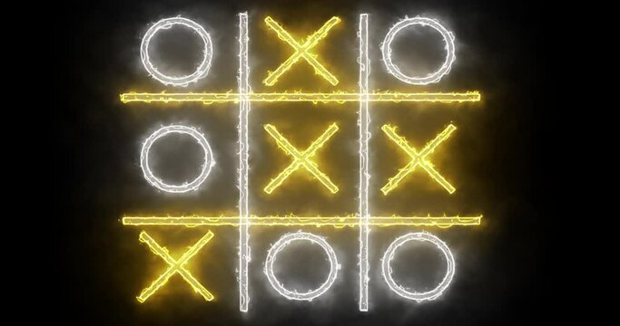 4K white and yellow Tic Tac Toe game icon on a black background. Glowing neon line Tic Tac Toe X-O game icon on a black background. Technology video material animation. Easy to use in any video.