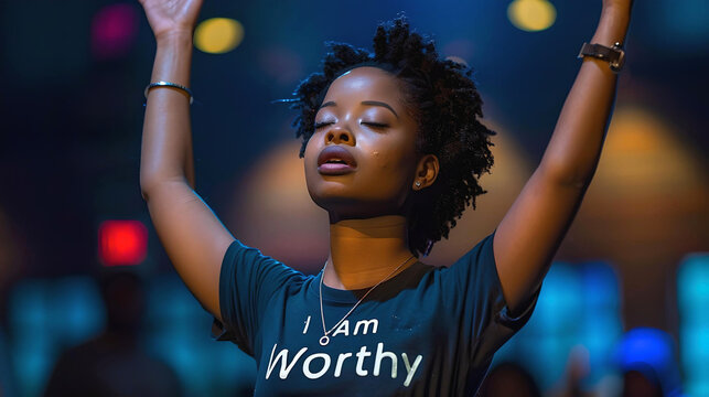 Vibrant portrait of a young woman with her eyes closed, expressing a sense of self-worth, painted in colorful, abstract style.