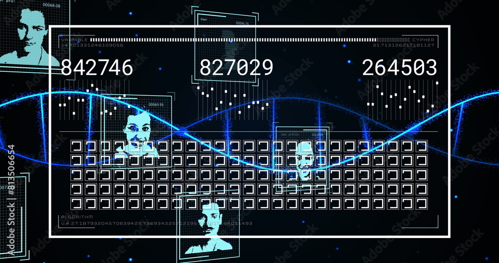Poster image of dna moving over interface with moving squares, profile pictures and changing numbers