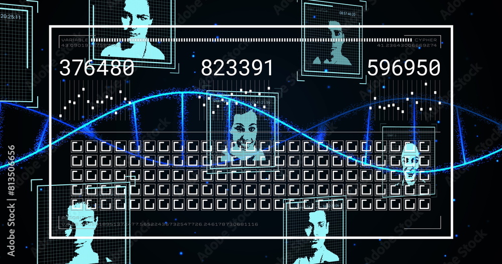 Poster image of dna moving over interface with moving squares, profile pictures and changing numbers
