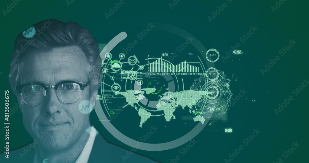 Aufkleber image of caucasian businessman over interface with data processing against green background