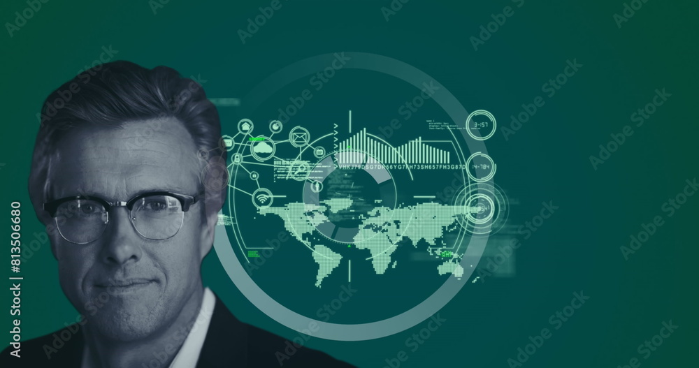 Aufkleber image of caucasian businessman over interface with data processing against green background