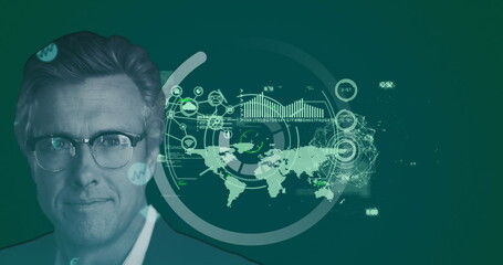Image of caucasian businessman over interface with data processing against green background