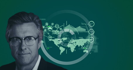 Image of caucasian businessman over interface with data processing against green background