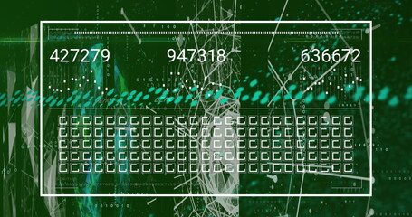Image of numbers, data and connections on green background