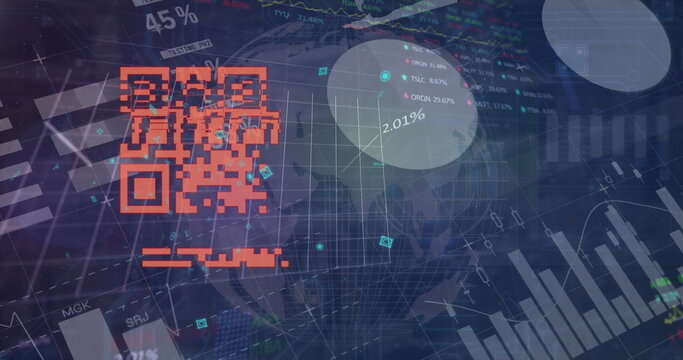 Image of data processing over globe and qr code - Powered by Adobe