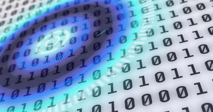 Image of blue circular scanner and binary data processing on white background - Powered by Adobe