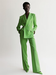 Afghan-American short-haired serious model in green pantsuit, keeping hands in pockets isolated on the white background
