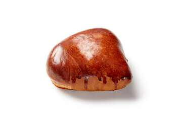 Glazed pastry bun with filling on white background