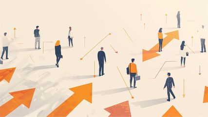 Illustration of business people standing on different paths leading to one common direction, symbolizing connection and collaboration in the digital age